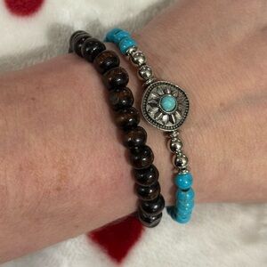 Turquoise & Silver Pendant bracelet & Brown Beaded Bracelet Set! New